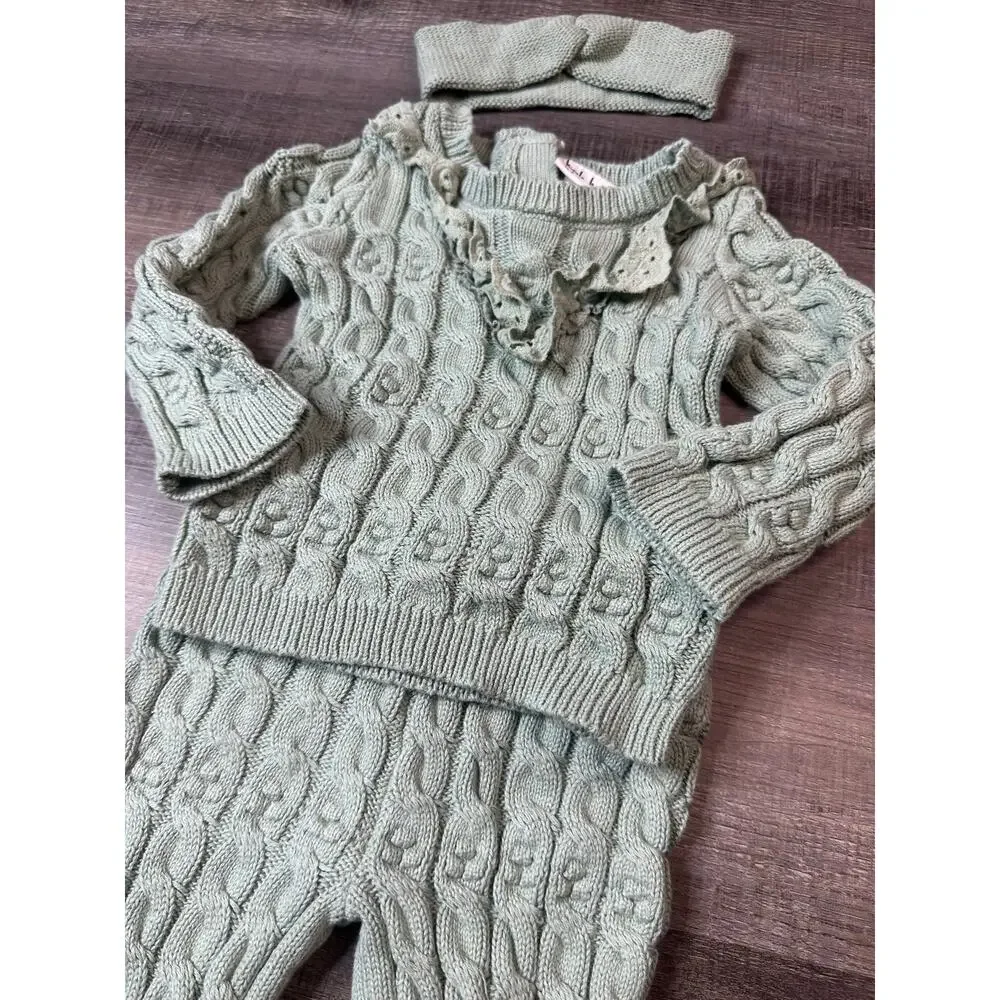 Nicole Miller Girls 3-Piece Cable Knit Sweater Set - Mint Green, 18 months